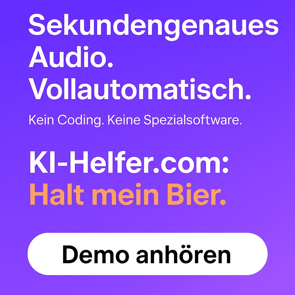 Text advertising automated audio with no coding needed, offering a demo. Background is purple gradient.