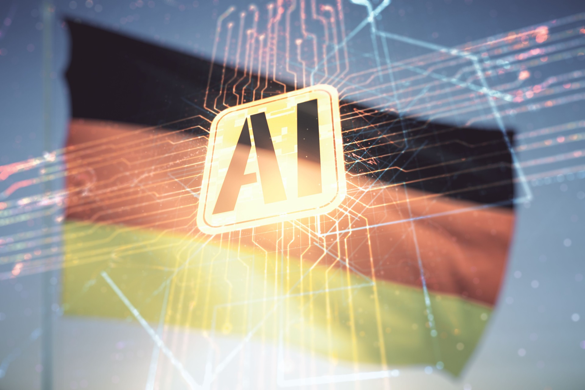 Doppelte Belichtung des kreativen Symbols für künstliche Intelligenz auf deutscher Flagge und blauem Himmelshintergrund. Neuronale Netze und maschinelles Lernkonzept
